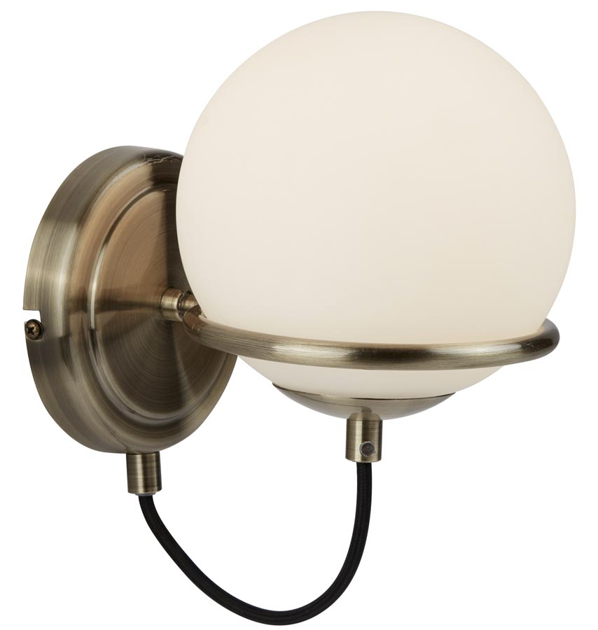 Sphere Single Wall Light Opal White Glass Globe Antique Brass