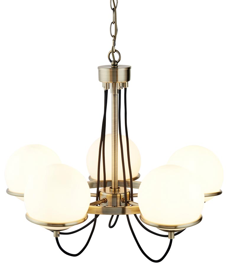 Sphere 5 Light Chandelier Antique Brass Opal White Glass Globes