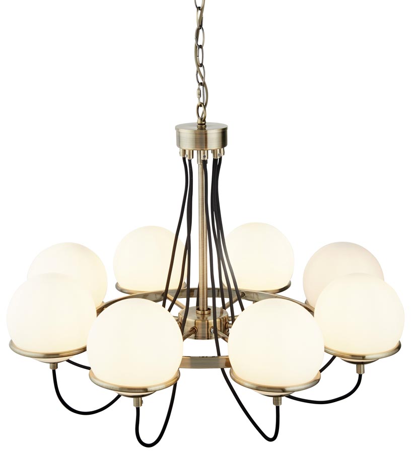 Sphere 8 Light Chandelier Antique Brass Opal White Glass Globes