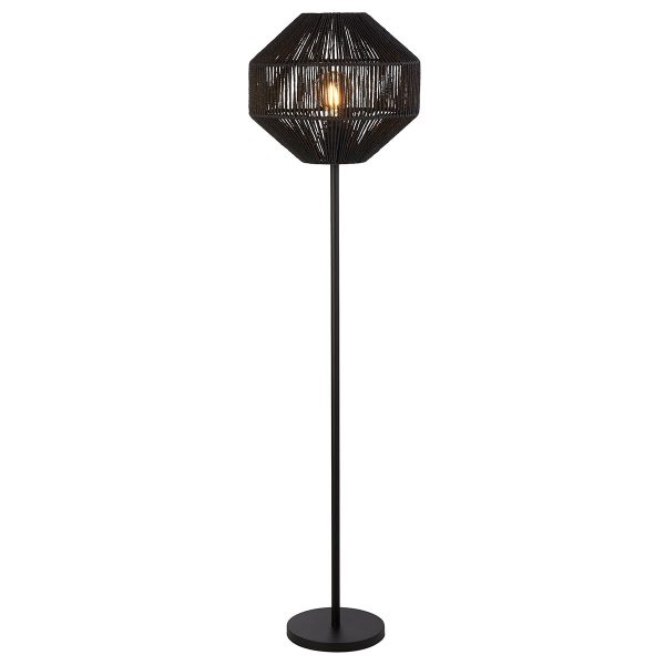 11202-1BK matt black base 1 light floor lamp black wicker shade full height