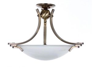 Art Deco style 2 lamp semi flush ceiling light antique brass