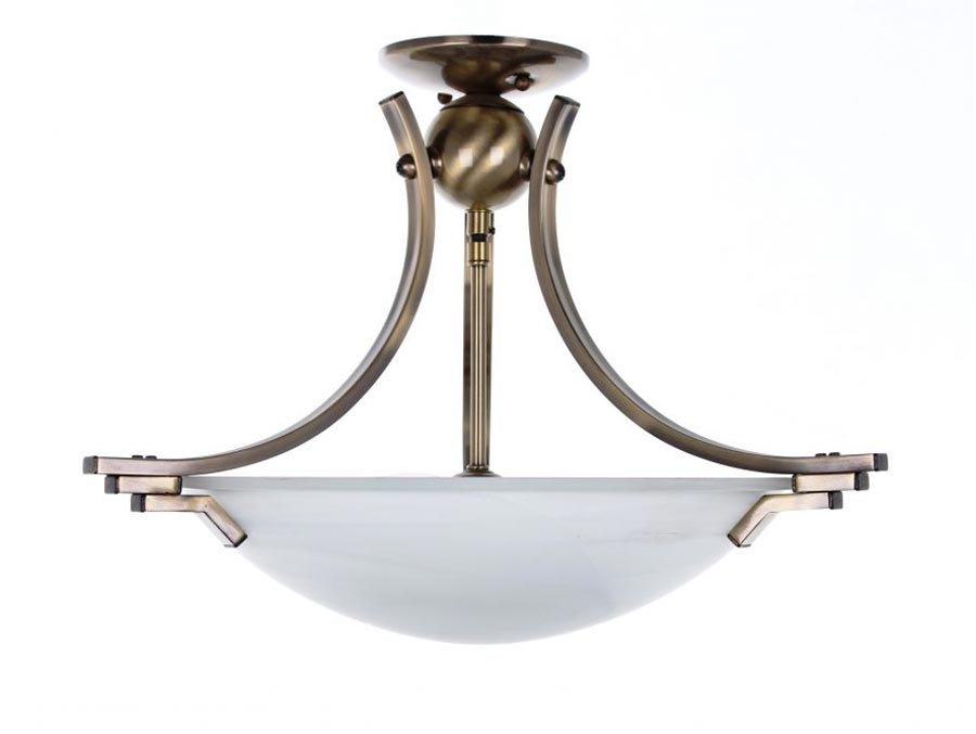 Art Deco Style Antique Brass Semi Flush 2 Lamp Ceiling Light