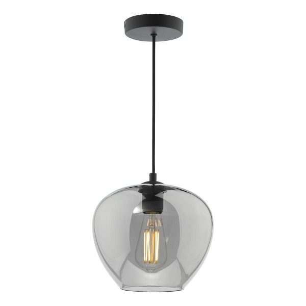 Shilah single smoked glass pendant light in matt black on white background lit