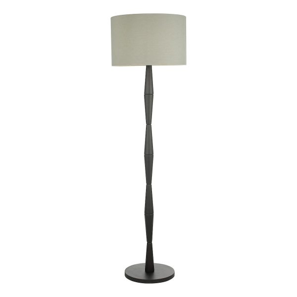 Sierra 1 light black wood floor lamp with grey linen shade on white background