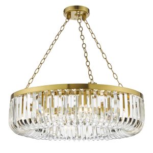 Sigourney 8 light luxury crystal pendant in satin gold on white background lit