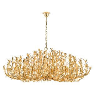 Silvus large 12 light handmade chandelier in gold leaf on white background lit