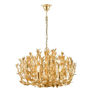 Silvus elegant 9 light handmade chandelier in gold leaf, on white background lit