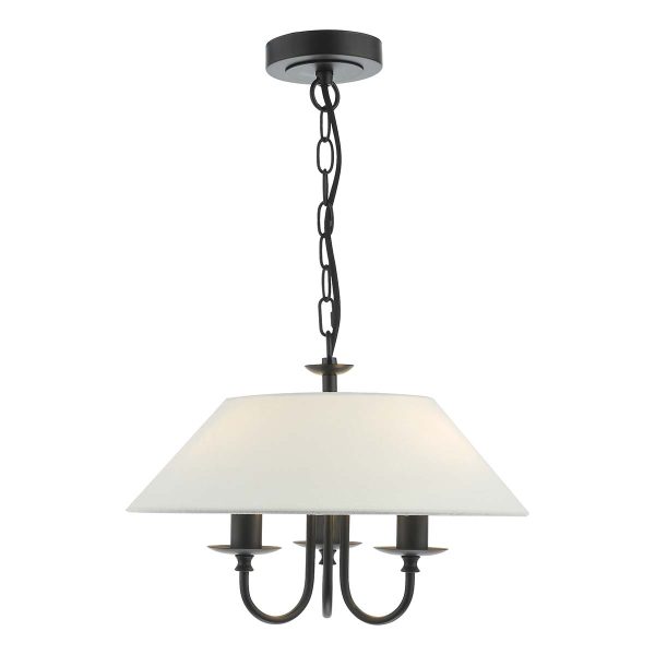 Sivan 3 light rustic chandelier in matt black with linen coolie shade, on white background lit