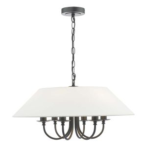 Sivan 6 light rustic chandelier in matt black with linen coolie shade, on white background lit