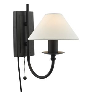 Sivan switched plug in wall light in matt black, on white background lit