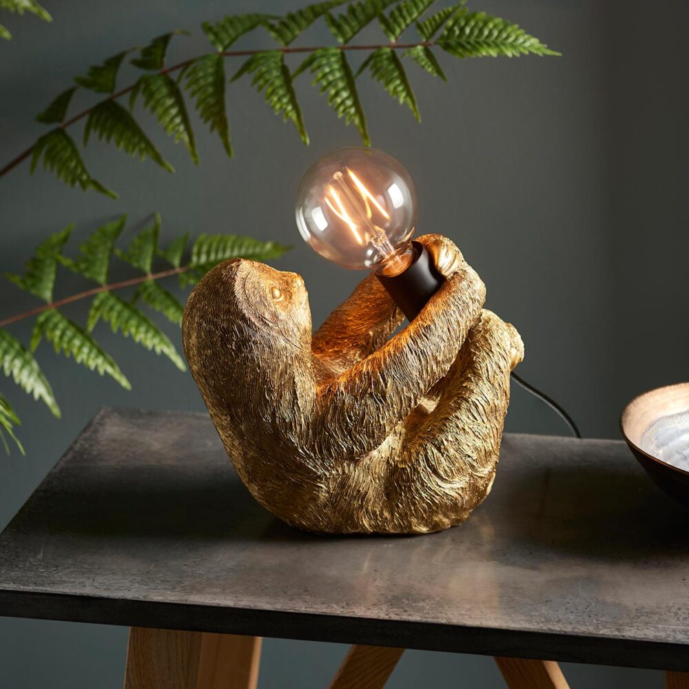Sloth 1 Light Detailed Resin Animal Table Lamp Vintage Gold Finish