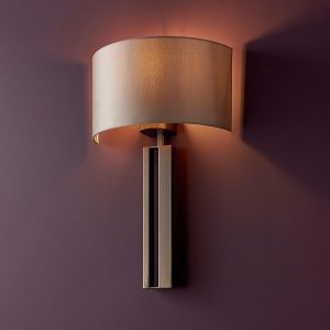 Slotted wall light in brushed bronze with mink half shade main image