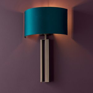 Slotted wall light in brushed bronze with teal half shade main image