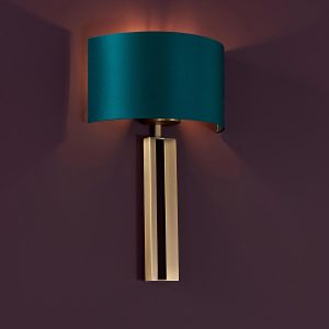 Slotted wall light in aged brass with teal half shade main image