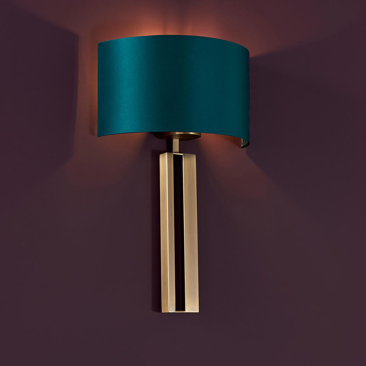 Modern Slotted Panel Single Wall Light Matt Aged Brass Teal Half Shade