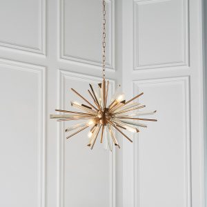 Small modern 6 light starburst ceiling pendant in antique brass with champagne glass main image