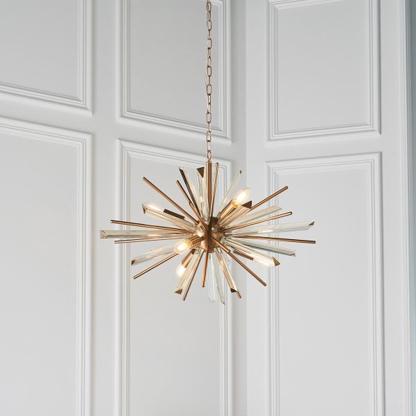 Small modern 6 light starburst ceiling pendant in antique brass with champagne glass main image