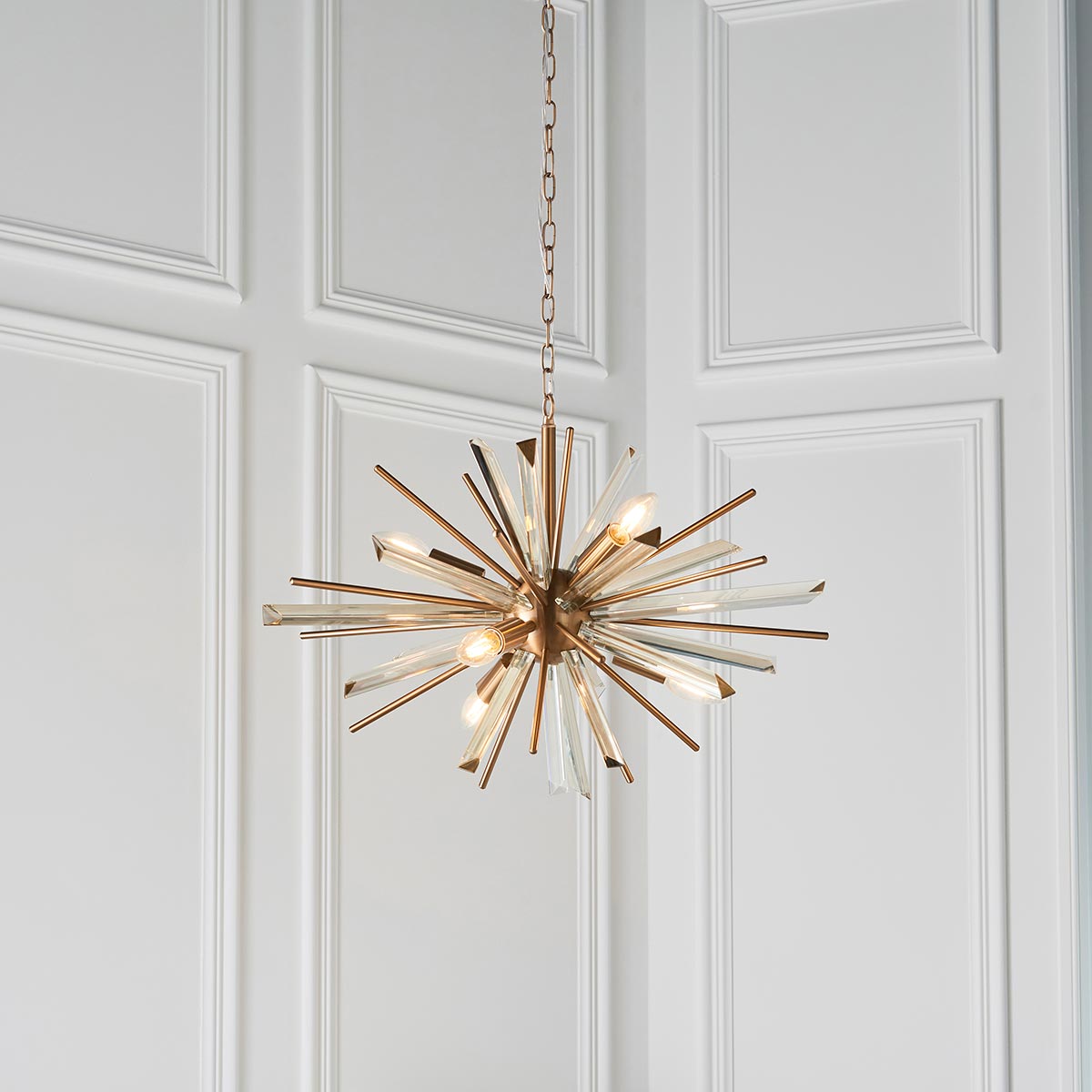 Small Modern 6 Light Starburst Pendant Antique Brass Champagne Glass