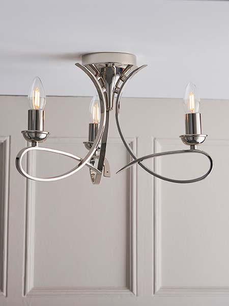 Small semi flush 3 light chandelier in polished nickel