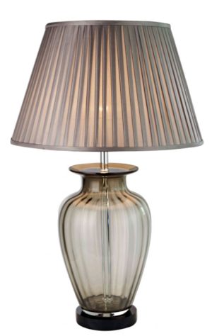 Classic smoked glass table lamp with 18" pleated smoke shade in faux silk