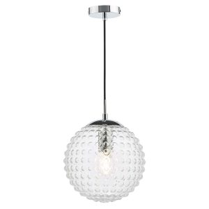 Hobnail clear glass pendant light with polished chrome metalwork on white background lit
