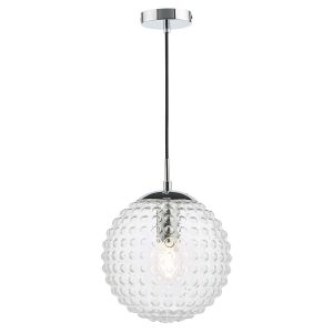 Hobnail clear glass pendant light with polished chrome metalwork on white background lit