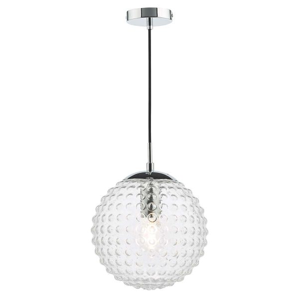 Hobnail clear glass pendant light with polished chrome metalwork on white background lit