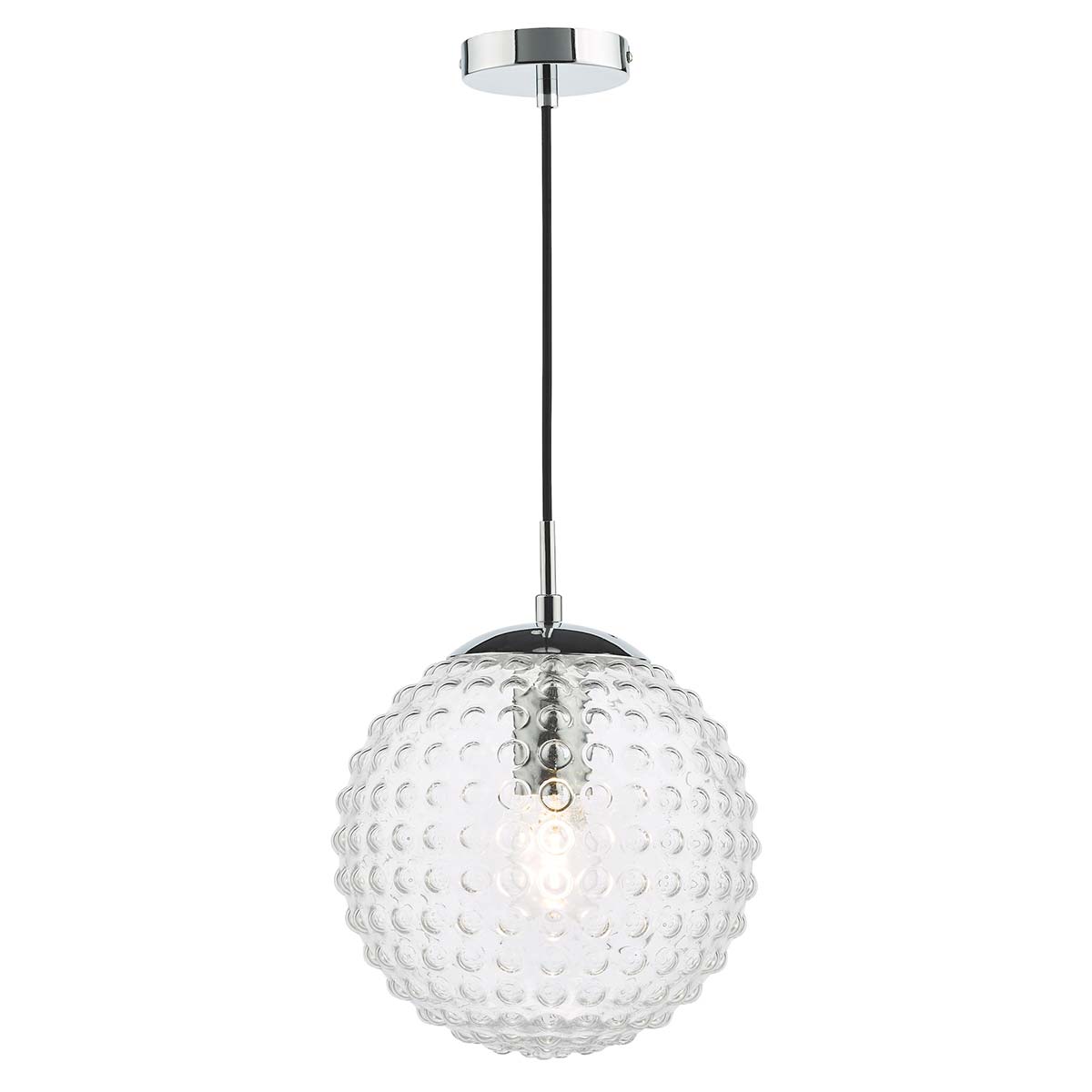 Hobnail clear glass pendant light with polished chrome metalwork on white background lit