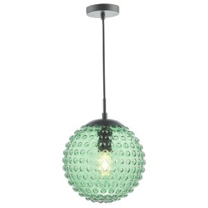 Hobnail green glass pendant light with matt black metalwork on white background lit