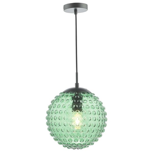 Hobnail green glass pendant light with matt black metalwork on white background lit