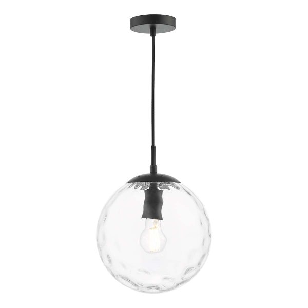 Ripple single pendant light in matt black with clear glass shade on white background lit