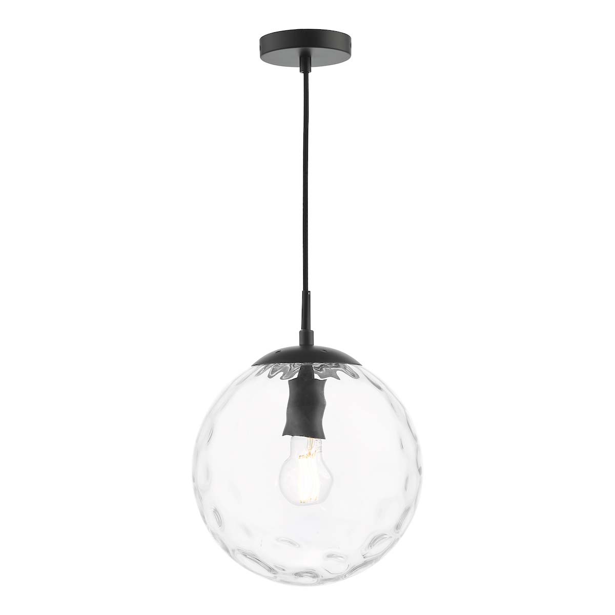 Ripple single pendant light in matt black with clear glass shade on white background lit