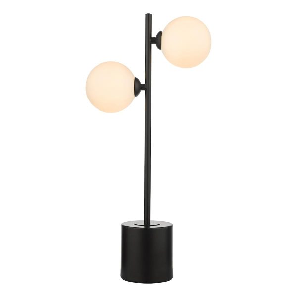 Spiral 2 light modern table lamp in matt black with opal white glass shades on white background