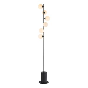 Spiral 6 light modern floor lamp in matt black with opal white glass shades on white background