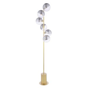 Spiral 6 light floor lamp in matt gold with clear and smoked glass shades on white background lit