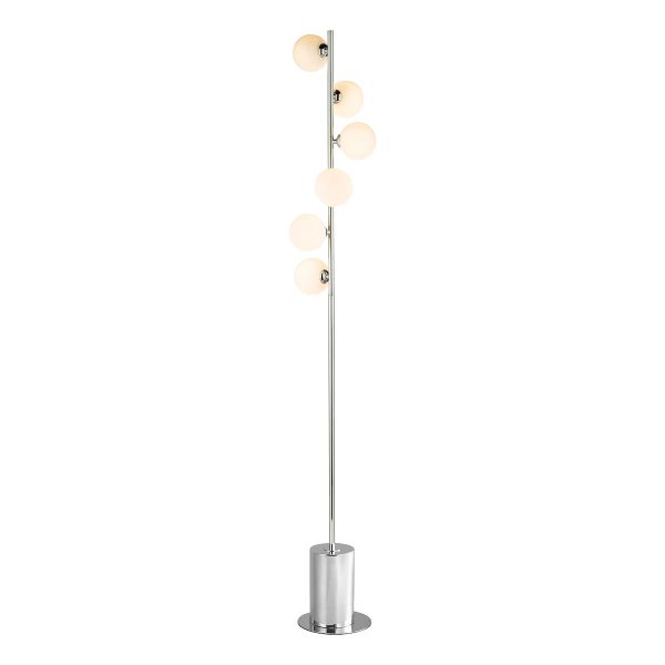 Spiral 6 light modern floor lamp in polished chrome with opal white glass shades on white background