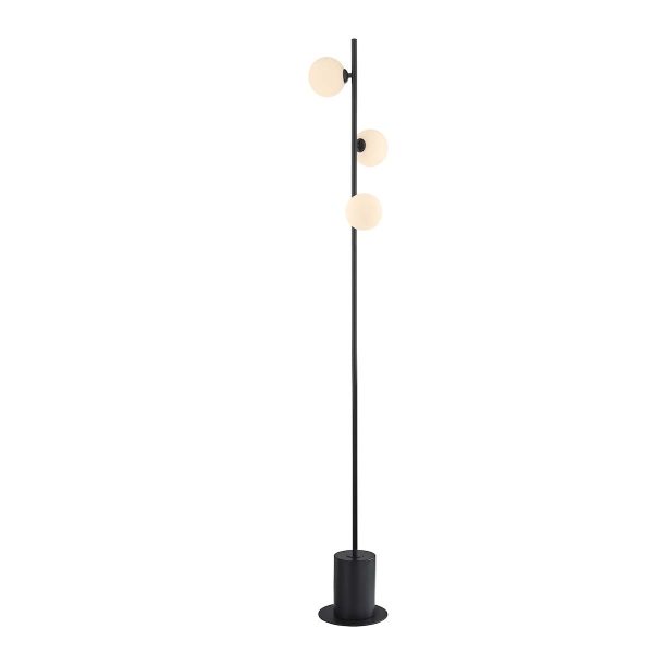Spiral 3 light modern floor lamp in matt black with opal white glass globe shades on white background lit