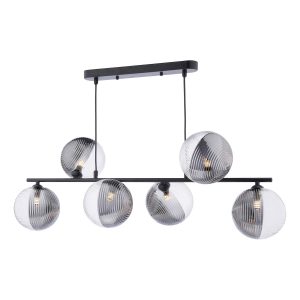 Spiral 6 light bar pendant in matt black with clear and smoked glass shades on white background lit