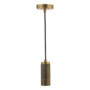 Industrial pendant ceiling light cable set with E27 lamp holder in knurled brass on white background