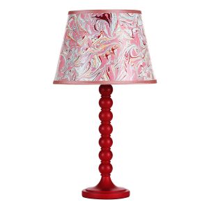 Spool wooden table lamp base only finished in gloss red on white background