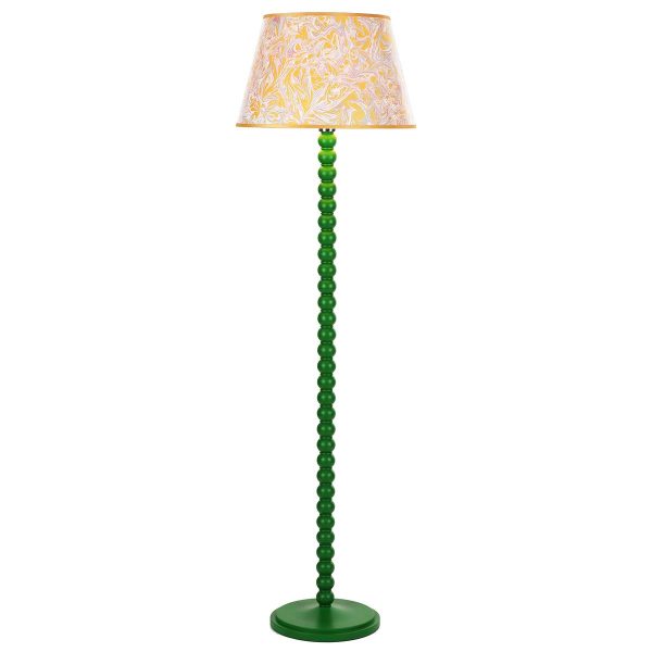 Spool wooden floor lamp base only finished in gloss green on white background