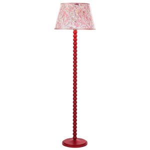 Spool wooden floor lamp base only finished in gloss red on white background