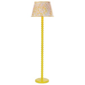 Spool wooden floor lamp base only finished in gloss yellow on white background