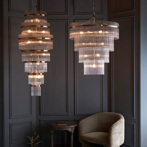 A pair of statement ceiling lights installed in a grey panelled room, article Hero image.