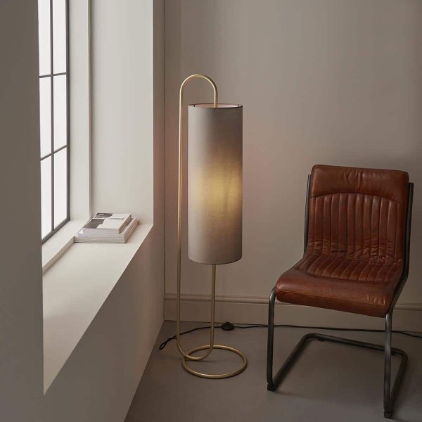 Oval 1 light structural floor lamp in antique gold with grey shade main image