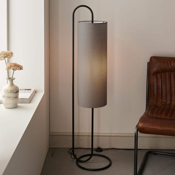 Oval 1 light structural floor lamp in matt black with grey shade main image