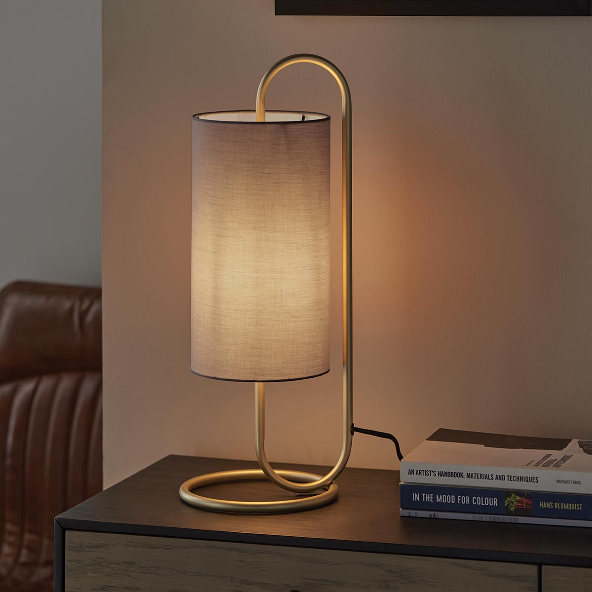 Oval Timeless 1 Light Structural Table Lamp Antique Gold Grey Shade