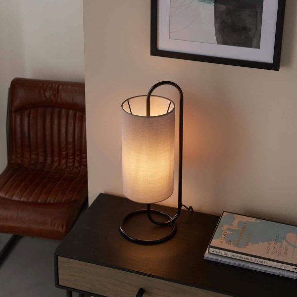 Oval Timeless 1 Light Structural Table Lamp Matt Black Grey Fabric Shade