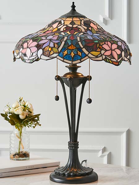 Sullivan floral 2 light Tiffany table lamp on antique base with pull chain switches