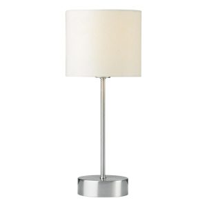 Suzie 1 light touch dimmer lamp in satin chrome with cream shade on white background